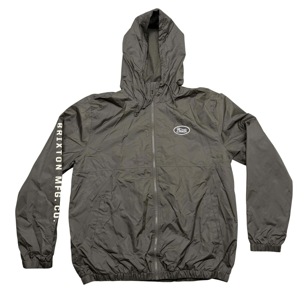 Brixton MFG Jacket Mens L Olive Green Hoodie Windbreaker Full Zip Rain Embroider